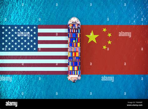 America Flags And Chinese Flags With Cargo Ship On Ocean Usa And China