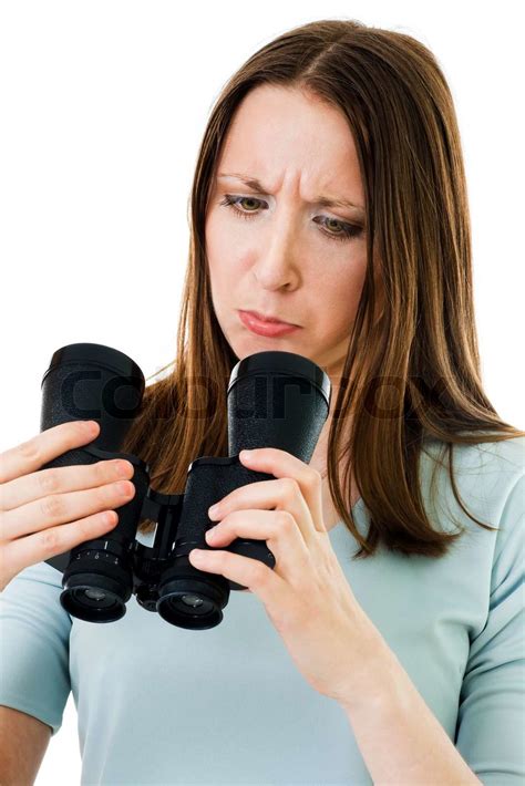 Confused Woman With Binocular Stock Image Colourbox