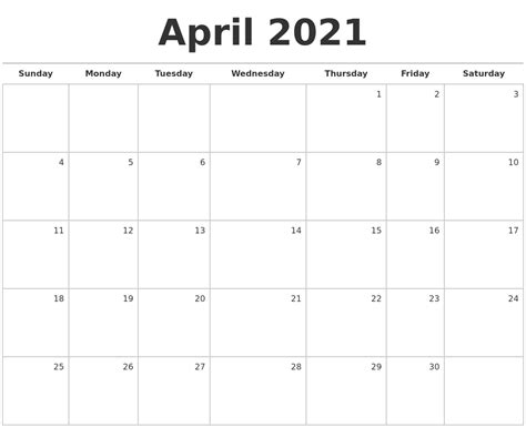 April 2021 Blank Monthly Calendar