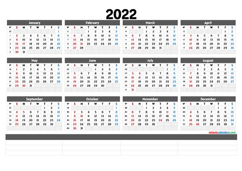 Printable 2022 Yearly Calendar 6 Templates