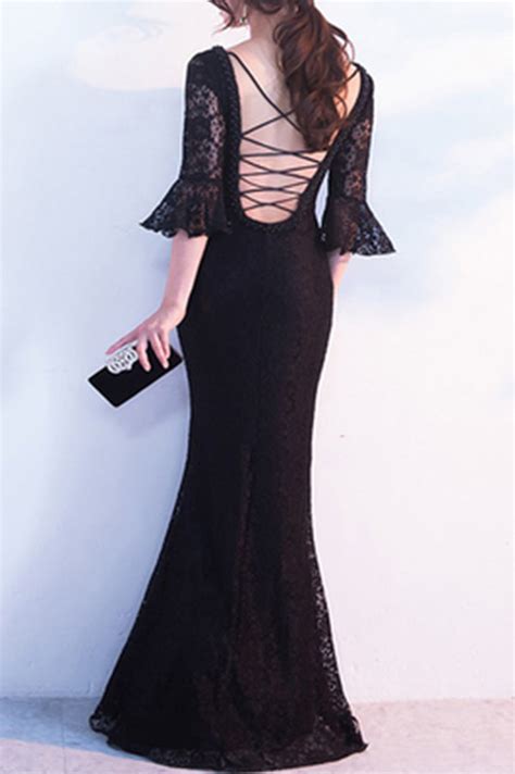 black lace popular v neck half sleeve mermaid lace up prom dresses uk promdress me uk