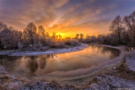 Frosty Winter Sunrise On A Small River Null Winter Sunrise