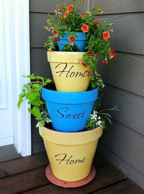 Front Porch Stacked Flower Pots Garden Projects Painted Terra Cotta