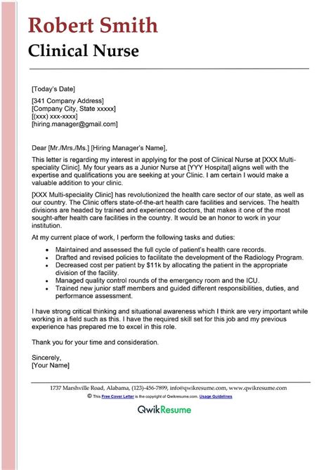 Clinical Nurse Cover Letter Examples Qwikresume