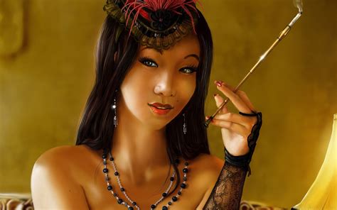 1920x1200 Digital Art Women Artwork Brunette Long Hair Asian Headband Cigarettes Face Necklace