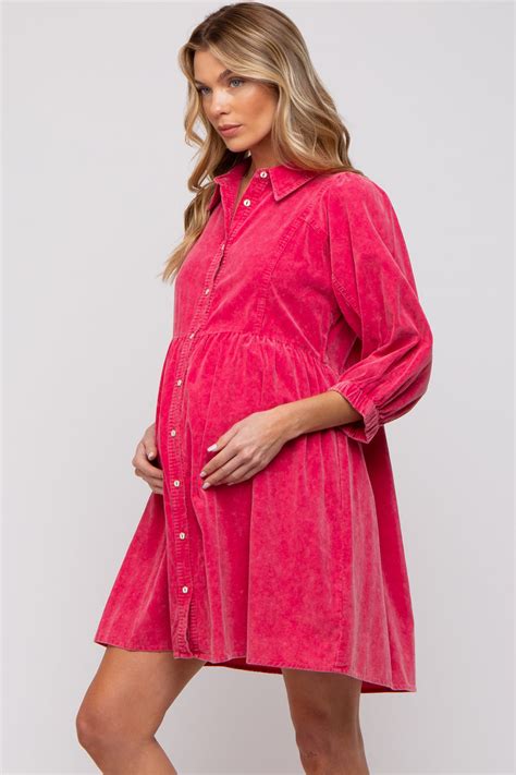 Fuchsia Corduroy Button Down Collared Maternity Dress Pinkblush