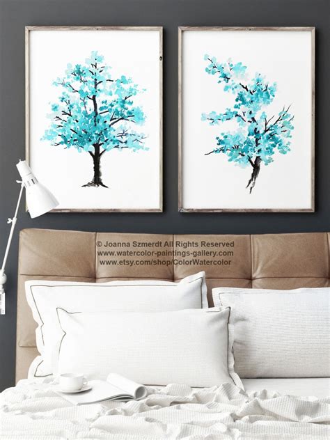 Cherry Blossom Set Of 2 Paintings Teal Home Decor Abstract Etsy