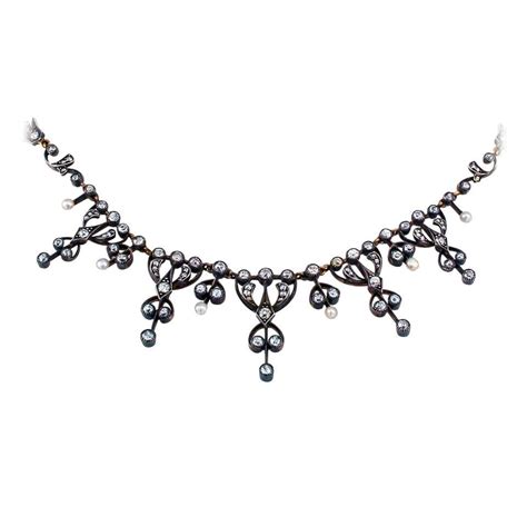 Victorian Diamond Pearl Silver Gold Fringe Necklace For Sale At 1stdibs