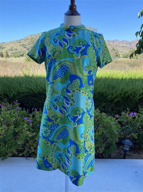 1960 s psychedelic silk turquoise and green shift dress etsy
