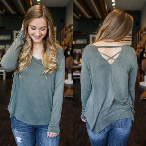 Olive Long Sleeve V Neck Criss Cross Back Flowy Top Tops Casual Tops