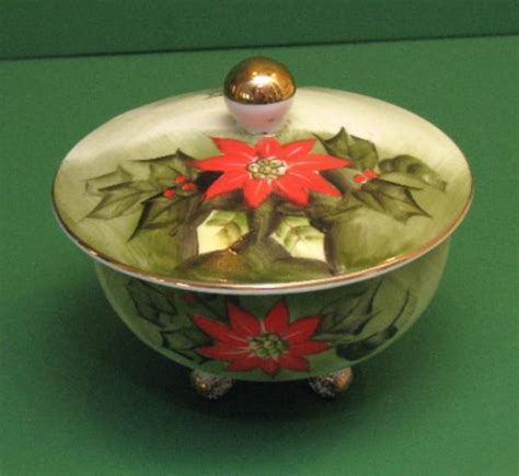 Vintage Lefton China Poinsettia Holly Christmas Pattern Covered Candy