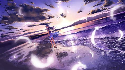 Water Sunset Clouds Beach Dress Long Hair Outdoors Blue Hair Feathers Barefoot Skyscapes Anime
