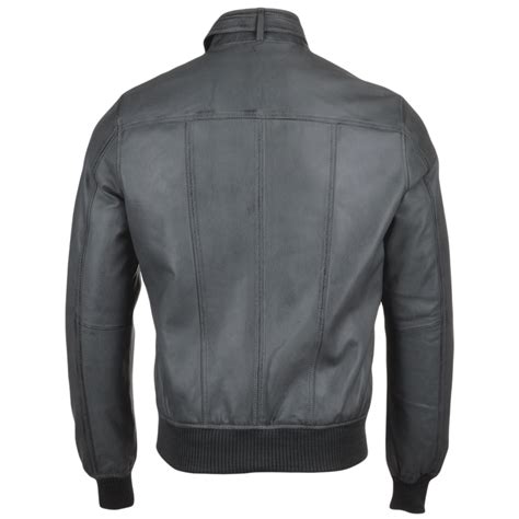 Mens Leather Biker Style Bomber Jacket Gray Moston