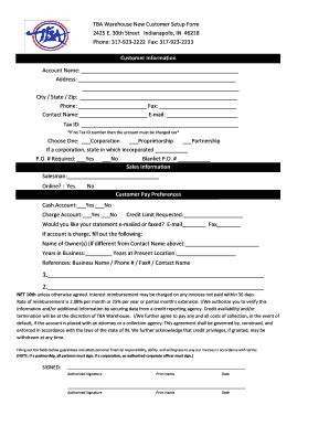 Fillable Online New Customer Setup Form TBA Fax Email Print PdfFiller