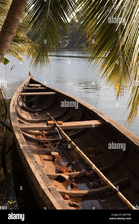 India Kerala Alleppey Alappuzha Backwaters Small Wooden Boat Moored