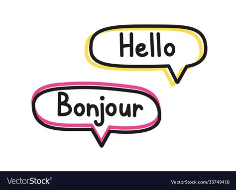 Hello Bonjour Handwritten Text In Speech Bubbles Vector Image