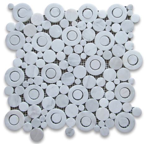 Buy this unique white glass circle backsplash tile to illuminate any kitchen or bathroom space! Carrara White Marble Circle Bubble Mosaic Tile Polished ...