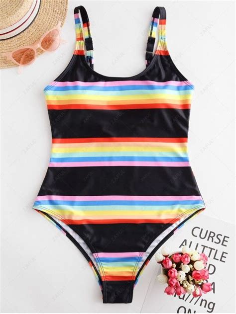 58 Off 2020 Zaful Rainbow Striped Low Back One Piece Swimsuit In