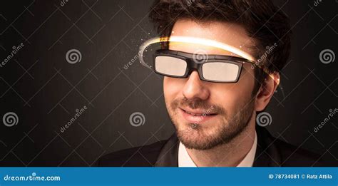 Handsome Man Looking With Futuristic High Tech Glasses Stock Image Image Of Idea Cyborg 78734081