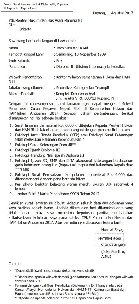 Jul 01, 2021 · sementara untuk pengumuman , alokasi formasi, penempatan formasi, contoh dokumen pendukung penerimaan cpns kemhan ta.2021dapat di klik melalui tautan berikut ini: Format Terbaru Contoh Surat Lamaran CPNS Kementerian Hukum dan HAM Tahun 2017 - REKRUTMEN ...