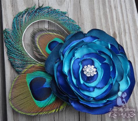 dress my wedding peacock feather hair clip teal king blue turquoise satin flower with