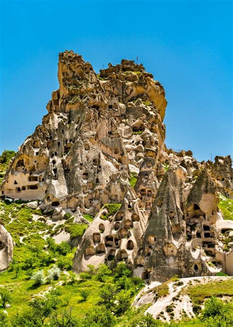 Standpunt Van Uchisar Uit Pigeon Valley In Cappadocia Turkije Stock