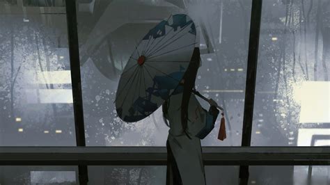 2560x1440 Anime Girl Dark Night Umbrella Raining 4k 1440p Resolution