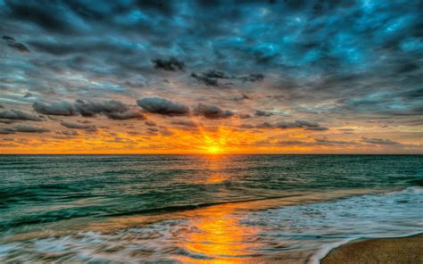 Sunset Sea Ocean Sandy Beach Waves Red Sky Clouds Summer Landscape