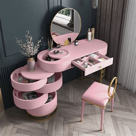 pink girls makeup vanity set with side cabinet 4 drawers dressing table mirror and chair beauty