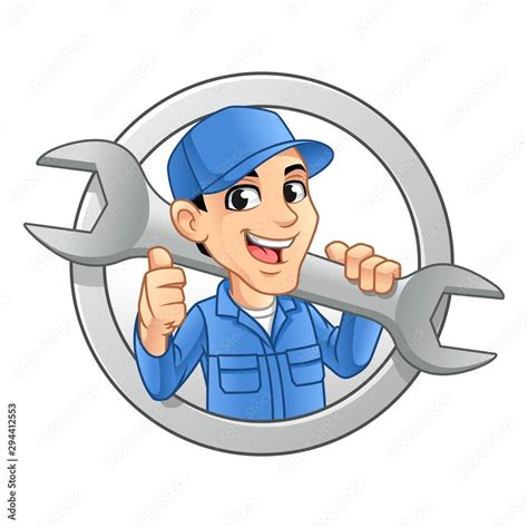 Mechanic Man Logo Holding Huge Wrench For Service Repair Or