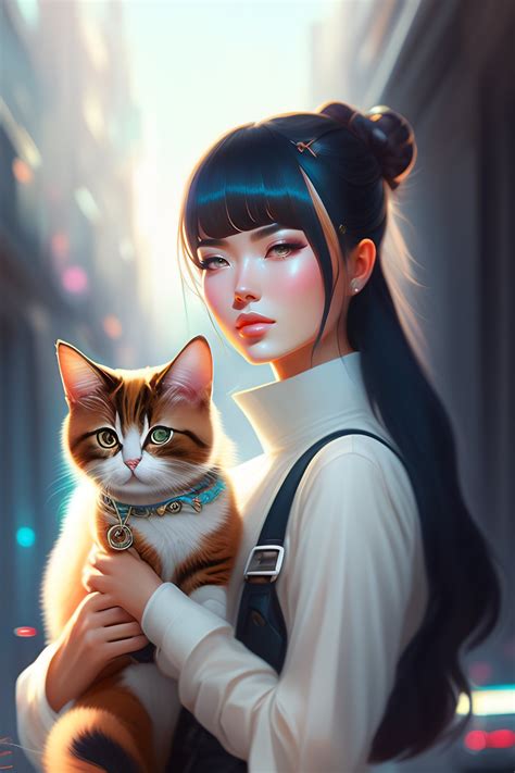 Lexica Elegant Girl Holding A Cute Cat In Urban Outfit Cute Fine