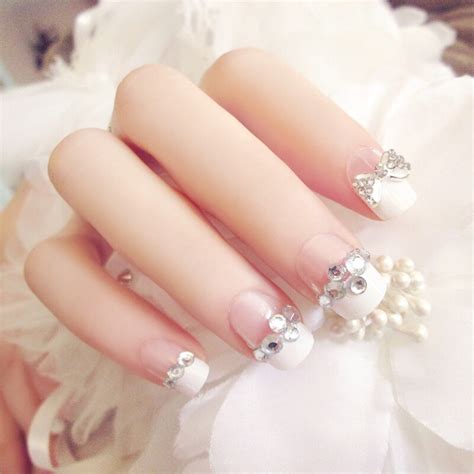 24pcs set pretty rhinestone bowknot bride nail art tips full cover pre design french false nails