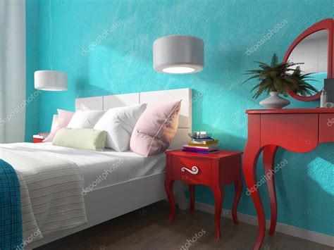 Slaapkamer Met Turquoise Muren En Nachtkastjes ⬇ Stockfoto