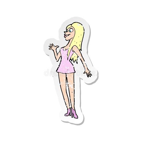 Retro Distressed Sticker Of A Cartoon Woman In Pink Dress Stock Vector