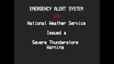 A severe thunderstorm warning is a warning that is issued if a thunderstorm has been detected that is capable of producing wind gusts to at least 58 mph or hail to at least 1 inch in diamater. EAS Alert #68 Severe Thunderstorm Warning - YouTube