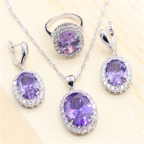 Women Semi Precious Stones Jewelry Sets Purple Oval Shape Wedding Ring