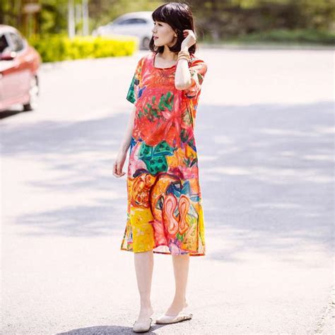 Buykud Summer Women Colorful Printing Dress 2018 Casual Red Midi