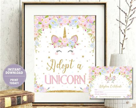 Adopt A Unicorn Sign And Adoption Certificate Cards Unicorn Etsy