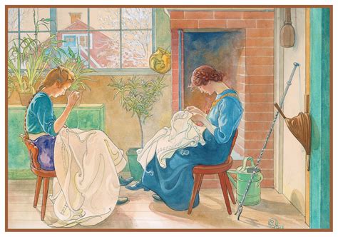 Two Girls Sewing In The Garden By Swedish Artist Carl Larsson Counted