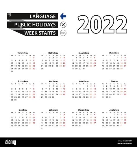 Calendar 2022 In Finnish Language Week Starts On Monday Vector