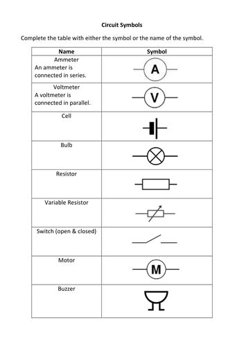 Circuit Symbols Exercise Teaching Resources