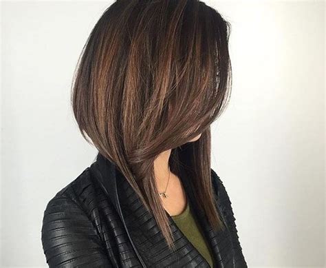 Long Dramatic A Line Bob With Front Layers And Brunette Color With