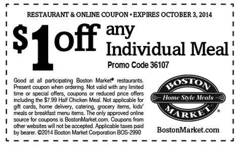 Save up to $5 with these current boston market coupons for december 2020. Boston Market Printable Coupon