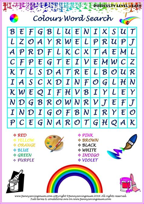 Colours Word Searches Easy And Hard Versions With Answers Penny