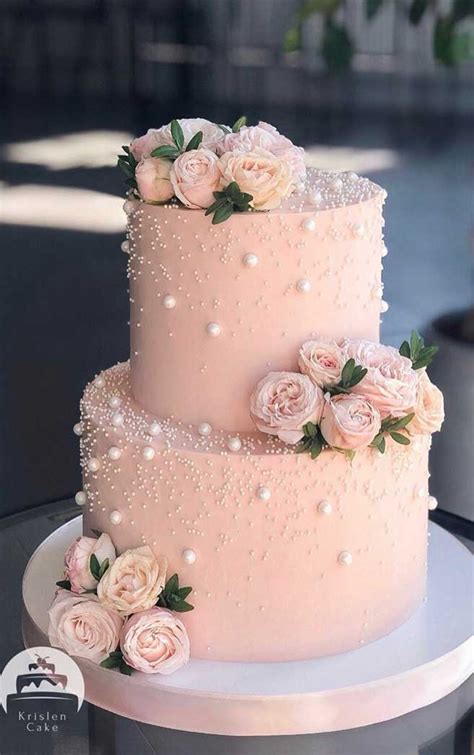 Beautiful Two Tier Pink Wedding Cake With Pearl Details