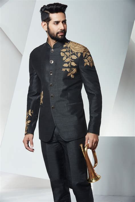 Mens Suits For Wedding Reception Black Colour Indian Designer Mens Reception Suit Online