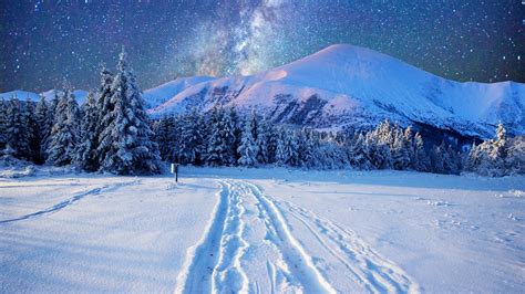 Milky Way On The Night Sky Over The Snowy Mountains Backiee