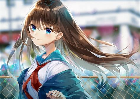 Wallpaper Brown Hair Anime Girl Smiling School Uniform