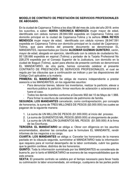 Modelo De Contrato De Prestación De Servicios Profesionales De Abogado