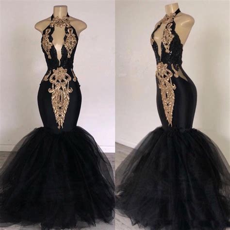 2019 black prom dresses long gowns with gold applique mermaid halter south africa stylish formal